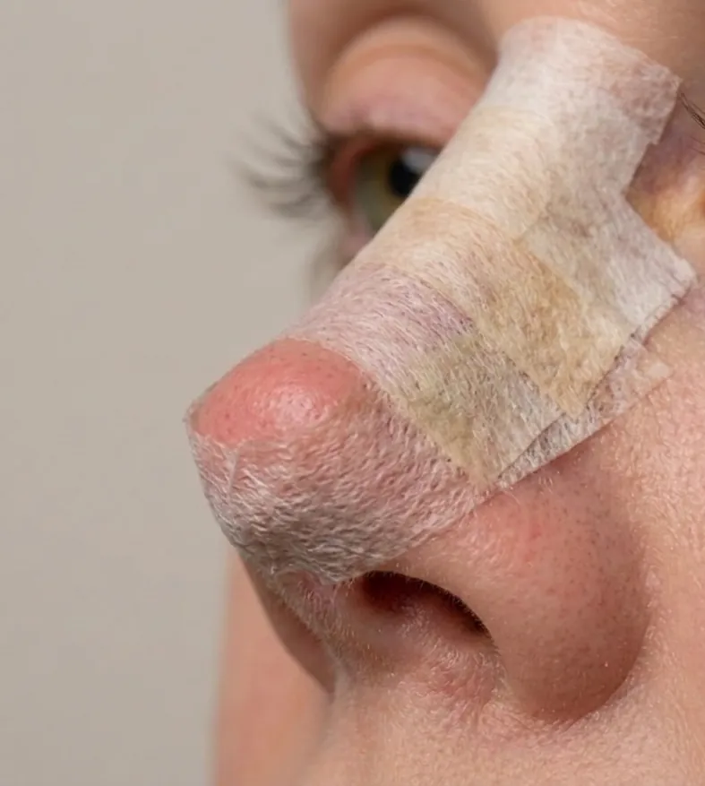 Nariz con la férula del postoperatorio de una rinoplastia, en la primera semana